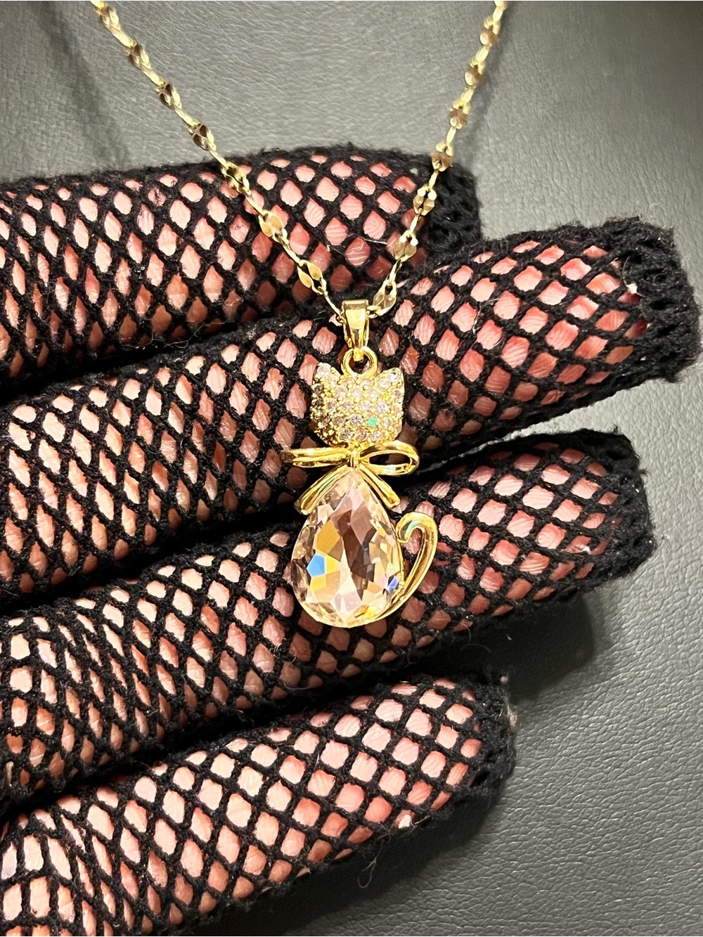 Gold Cat Pendant Necklace with Pink Teardrop Crystal 15 inch’s - Picture 6 of 10